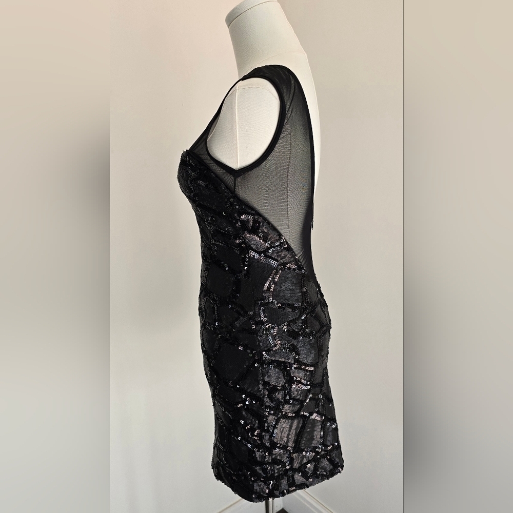 NWT Dress the Population Black Sequin Bodycon Mini Dress Mesh Neckline V Back XS - Picture 7 of 14